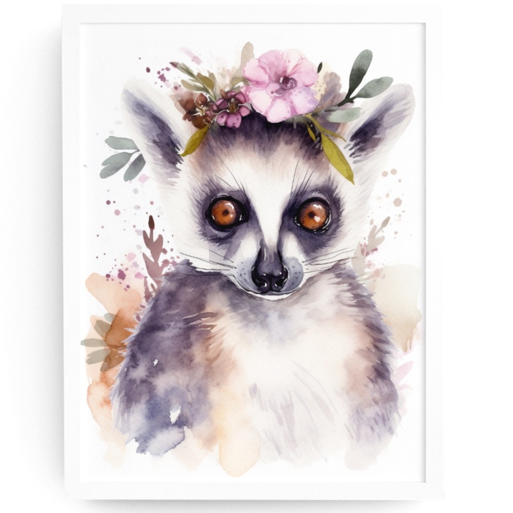 Watercolor Floral Lemur Portrait Wall Art Illustration Print Poster Unframed - Picture 1 of 5